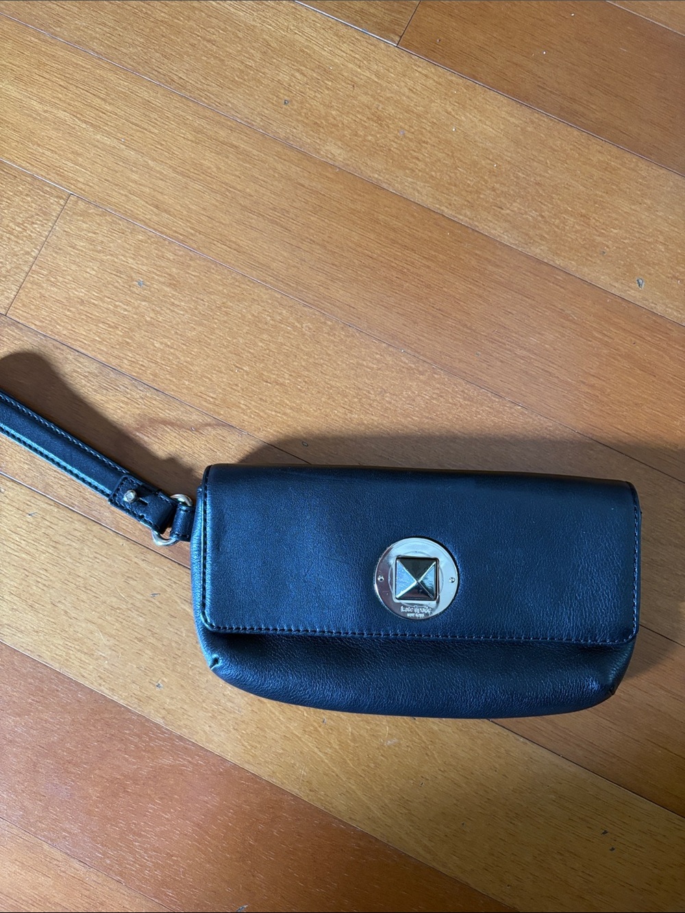 kate spade Black Leather Wristlet Clutch with Gold-Tone Accent